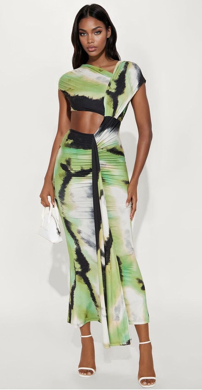 Aria Printed Cut Out Womens Size Medium Green Black White Abstract Maxi Dress